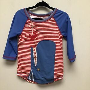 Mud Pie Toddler Boys T-Shirt Red Blue Crab Striped Stretch Button M 24Mos-2T/3T